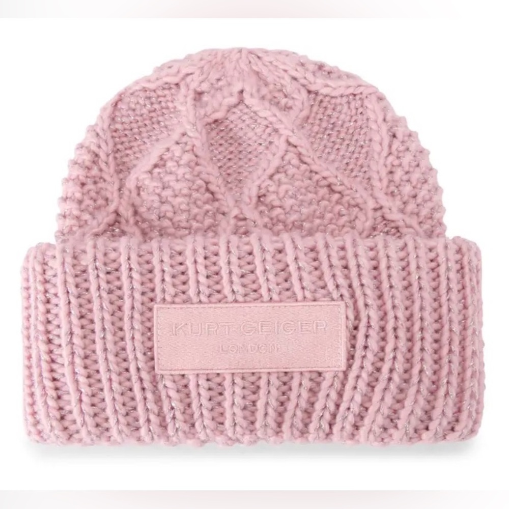 Kurt Geiger London Metallic Logo Cable Knit Beanie Winter Hat in Light Pink